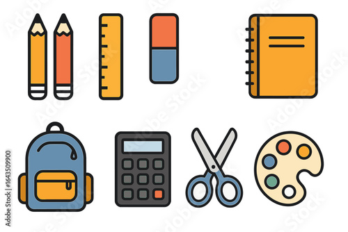 Colorful school supplies collection including pencils, ruler, eraser, notebook, backpack, calculator, scissors, and palette