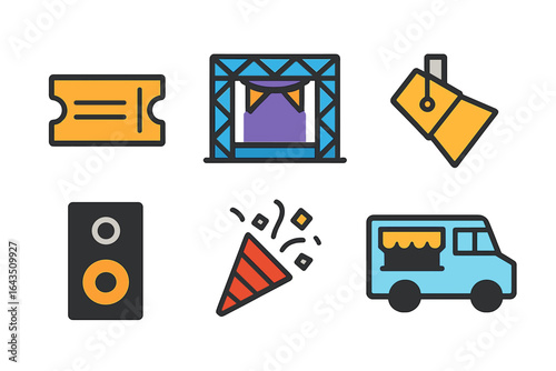 Colorful icons depict elements of a festive event featuring food, music, and entertainment activities