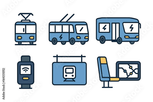Public transportation icons representing various transit options and smart ticketing systems in a modern urban setting