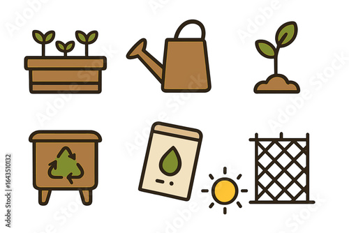 Gardening tools and elements displayed in an organized layout for urban gardening enthusiasts