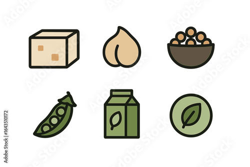 Ingredients for a healthy plant-based meal including tofu, nuts, legumes, and plant-based milk