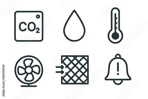 Icons representing air quality, temperature regulation, and environmental monitoring tools in a digital format