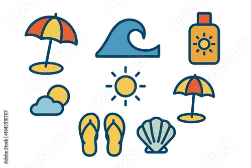 Vibrant beach elements set against a clean background showcasing summer fun and relaxation