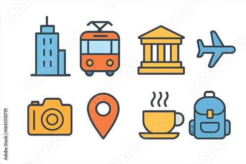 City travel essentials for tourists including buildings, transportation, and attractions during daytime exploration
