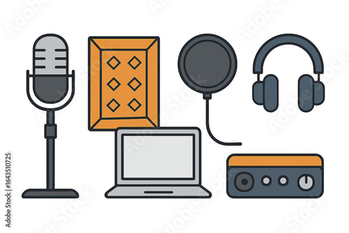Creative workspace setup featuring audio equipment and technology for music production or podcasting in a modern design