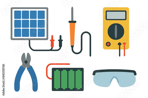 Collection of solar energy tools displayed on a white background for renewable energy enthusiasts and DIY projects at home
