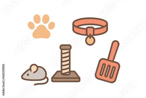 Collection of cat supplies featuring a scratching post, collar, toy mouse, and litter scoop arranged in a playful layout