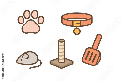 Collection of playful pet accessories including a paw print, collar, mouse toy, scratching post, and litter scoop