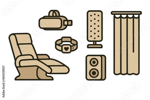 Virtual reality setup with reclining chair, speakers, and relaxation accessories in a modern room