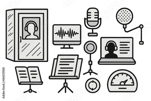 Recording studio equipment and setup for audio production with headphones and microphones