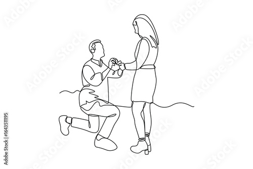 simple continuous line draw of a man is proposing to his girlfriend with a ring. Engagement minimalist concept. Wedding activity. Simple line.