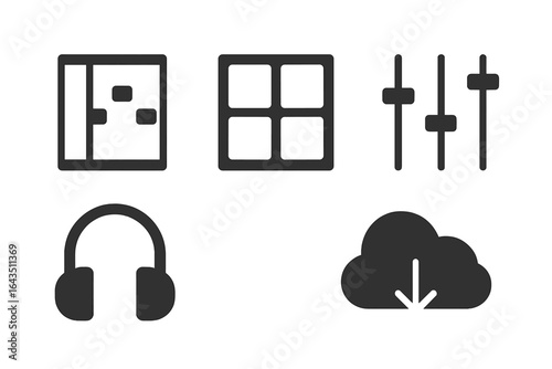 Icons representing digital audio interfaces and controls used for sound editing and mixing in music software applications