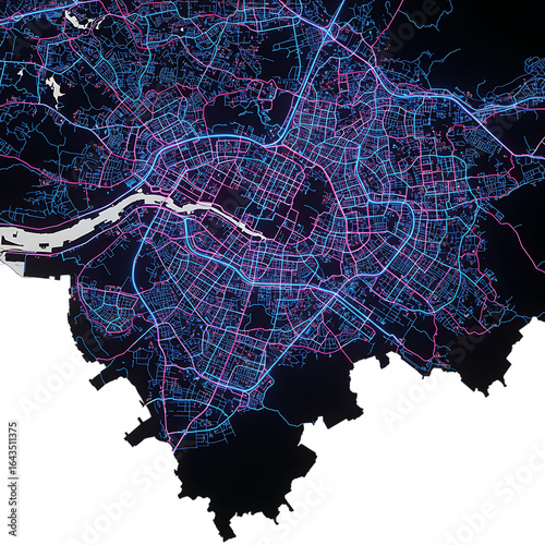 Night map of Tashkent with neon street network lines