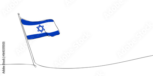 Single line drawing of the national flag of Israel on a pole. Minimalist continuous line art illustration. Vector graphic.