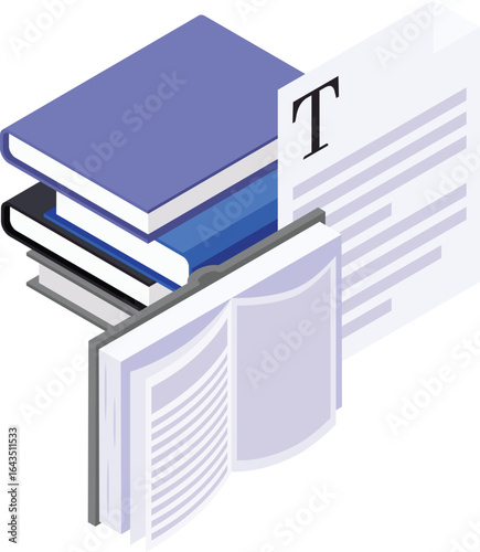 The image shows a stack of books with an open book and a large letter "T" on top.
