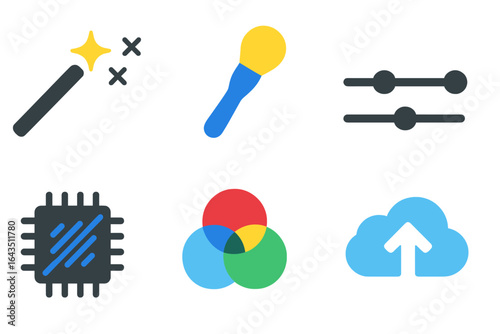 Collection of graphic icons representing technology and creative tools in a colorful arrangement