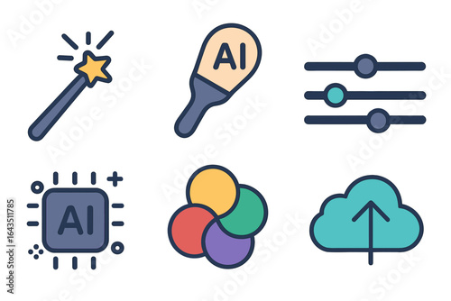 Magic tools and technology illustrating artificial intelligence concepts in a creative and colorful arrangement