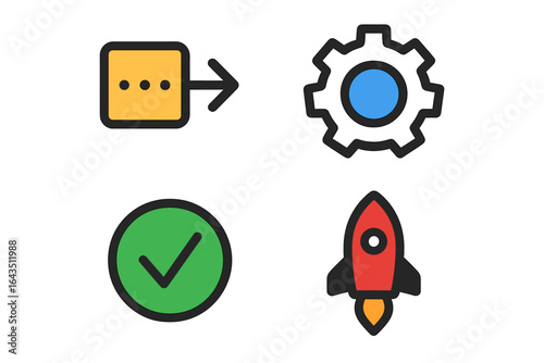 Icons representing technology and innovation for a project, featuring arrows, gears, checkmarks, and rockets in various colors