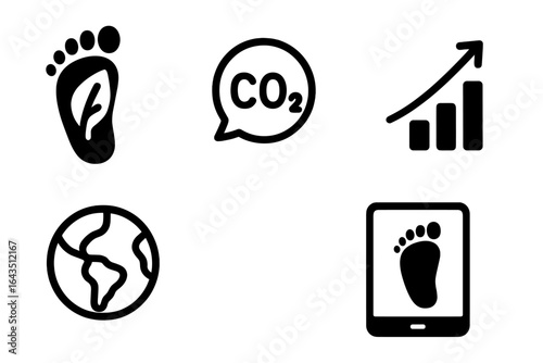 Environmental impact concepts displayed through symbols of carbon footprint, globe, growth chart, and digital devices in a minimalist style