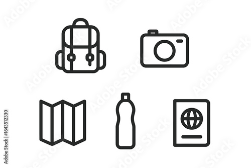 Travel essentials for exploring new destinations with a backpack, camera, map, water bottle, and passport