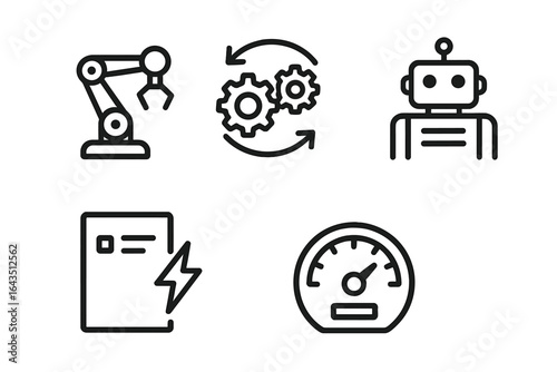 Innovative technologies represented by robotic arm, gears, chatbot, and speedometer showcasing automation and efficiency