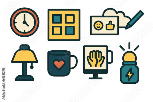 Decorative icons representing time management, creativity, and comfort in a modern workspace at midday