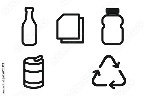 Collection of recyclable items including glass bottle, paper sheets, jar, can, and recycling symbol on white background