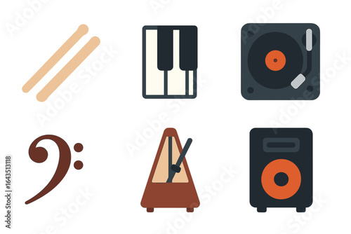 Musical instruments and elements represented in simple icons create a cohesive design for music lovers and educators