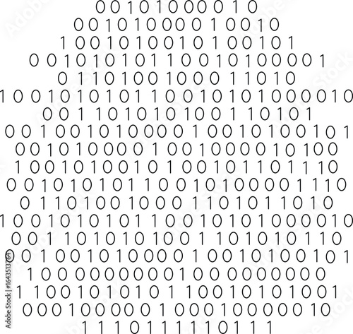 A digital image composed of binary code forming an abstract shape.
