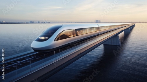 Futuristic Aerodynamic Train on Glass Bridge at Sunset