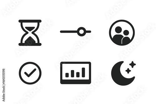 Black and white icons representing time management, user interface, and nighttime activities