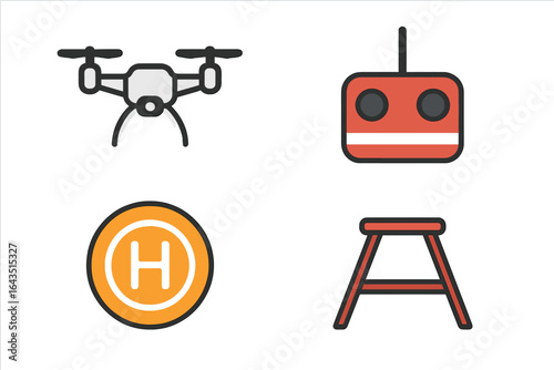 Drone equipment and accessories including a remote control, landing pad, and platform for aerial photography or videography setup