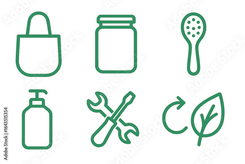 Various eco-friendly tools and items for sustainable living showcased together for a greener lifestyle in a minimalistic design