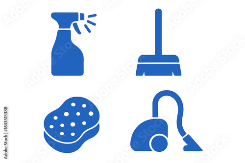 Cleaning supplies including a spray bottle, broom, sponge, and vacuum arranged on a white background for home cleaning activities