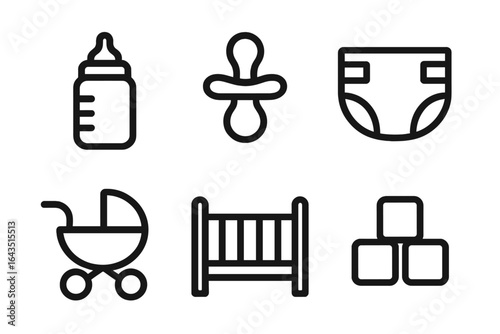 Essential baby items displayed in simple line art for new parents with focus on convenience and care