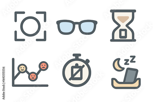 Various icons representing themes of time management, focus, and emotional tracking in digital interfaces
