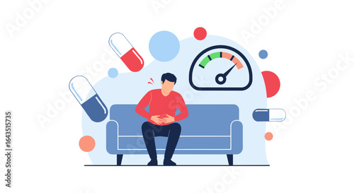 Man experiencing stomach pain on couch with pills and gauge, healthcare concept, flat illustration