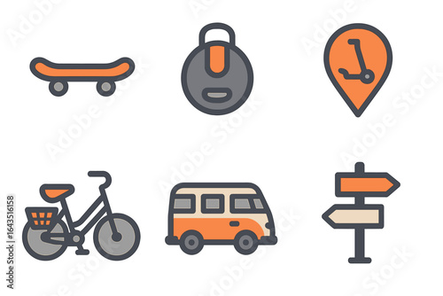 Various modes of transport icons including skateboards, bicycles, and scooters available for urban commuting