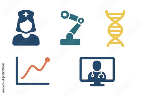 Diverse healthcare elements showing nursing, robotics, genetics, data analysis, and telemedicine in modern medical practices