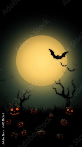 Night scene with glowing pumpkins silhouetted trees bats flying against a large yellow moon