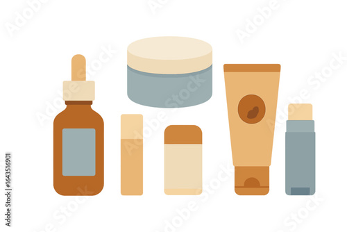 Skincare products displayed on a neutral background showcasing various textures and shapes in a minimalist style