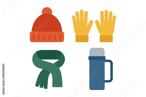 Winter accessories including hat, gloves, scarf, and thermos for chilly outdoor activities