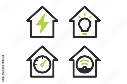 Energy efficiency icons representing smart home technologies with symbols for light, power, connectivity, and monitoring