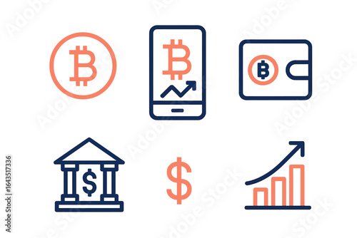 Digital currency symbols representing Bitcoin wallets and financial growth in a modern graphic design layout