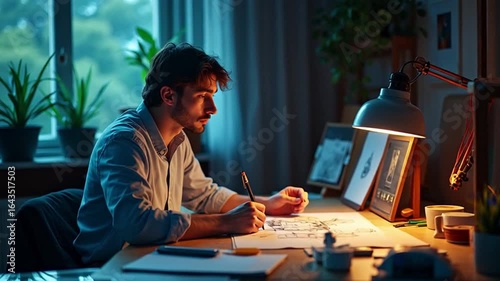 Man Drawing Architectural Design at Desk Under Lamp Indoors