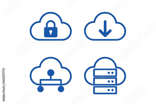 Cloud computing icons representing security, download, connection, and storage solutions for digital data management