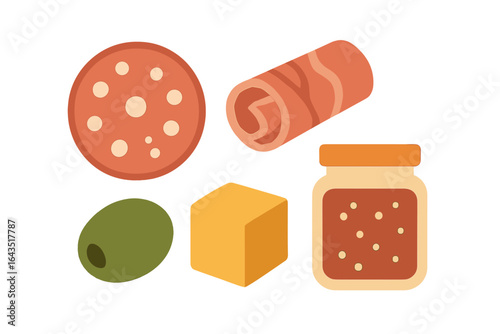 Colorful assortment of deli meats, cheese, olives, and spreads ideal for a charcuterie board
