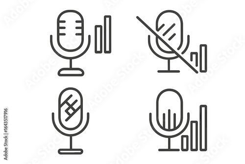 Variety of microphone icons showing different sound statuses and adjustments in a digital format