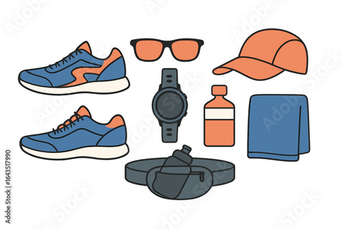 Essentials for a successful outdoor running session at sunrise with hydration and comfort gear