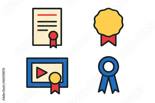 Certificate and award icons showcasing achievements and recognition in educational or professional settings